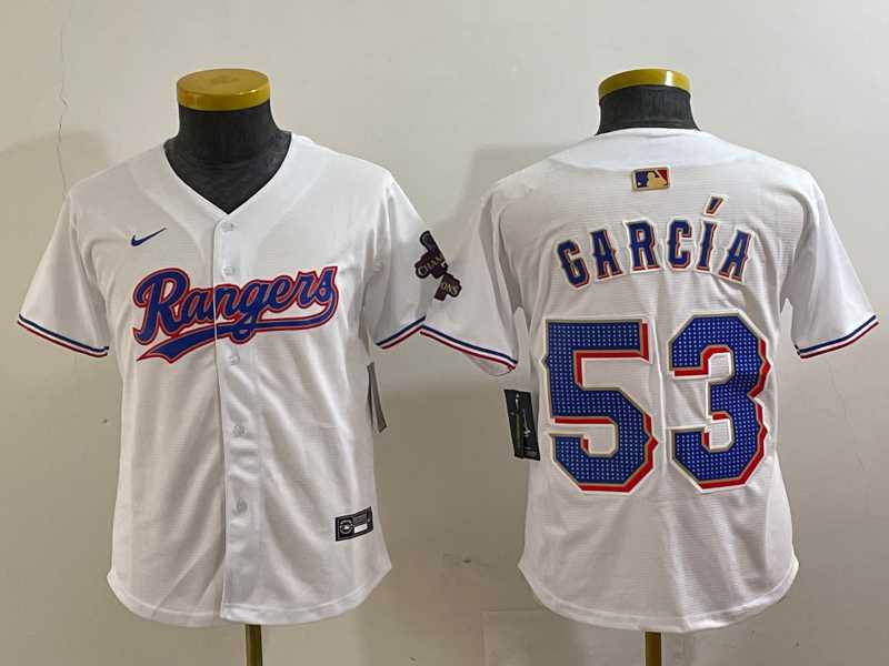 Youth Texas Rangers #53 Adolis Garcia White 2024 Gold Collection Limited Cool Base Jersey->seattle mariners->MLB Jersey